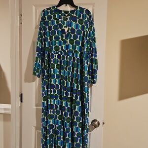 Zara Blue & Green Long-Sleeve Geometric Midi Dress
